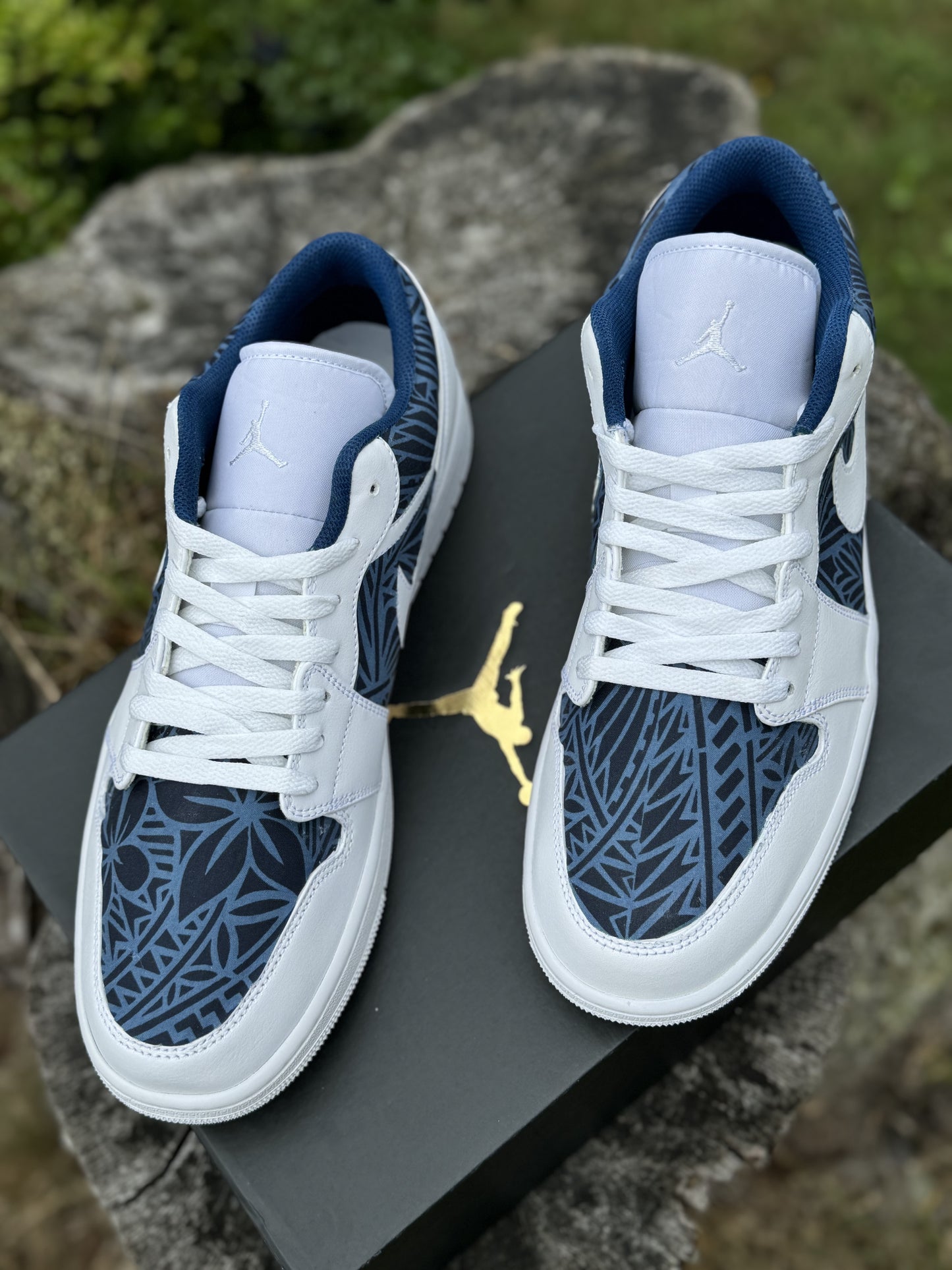 Custom Jordan 1 Low Navy & Dusty Blue Tribal Designs RTS