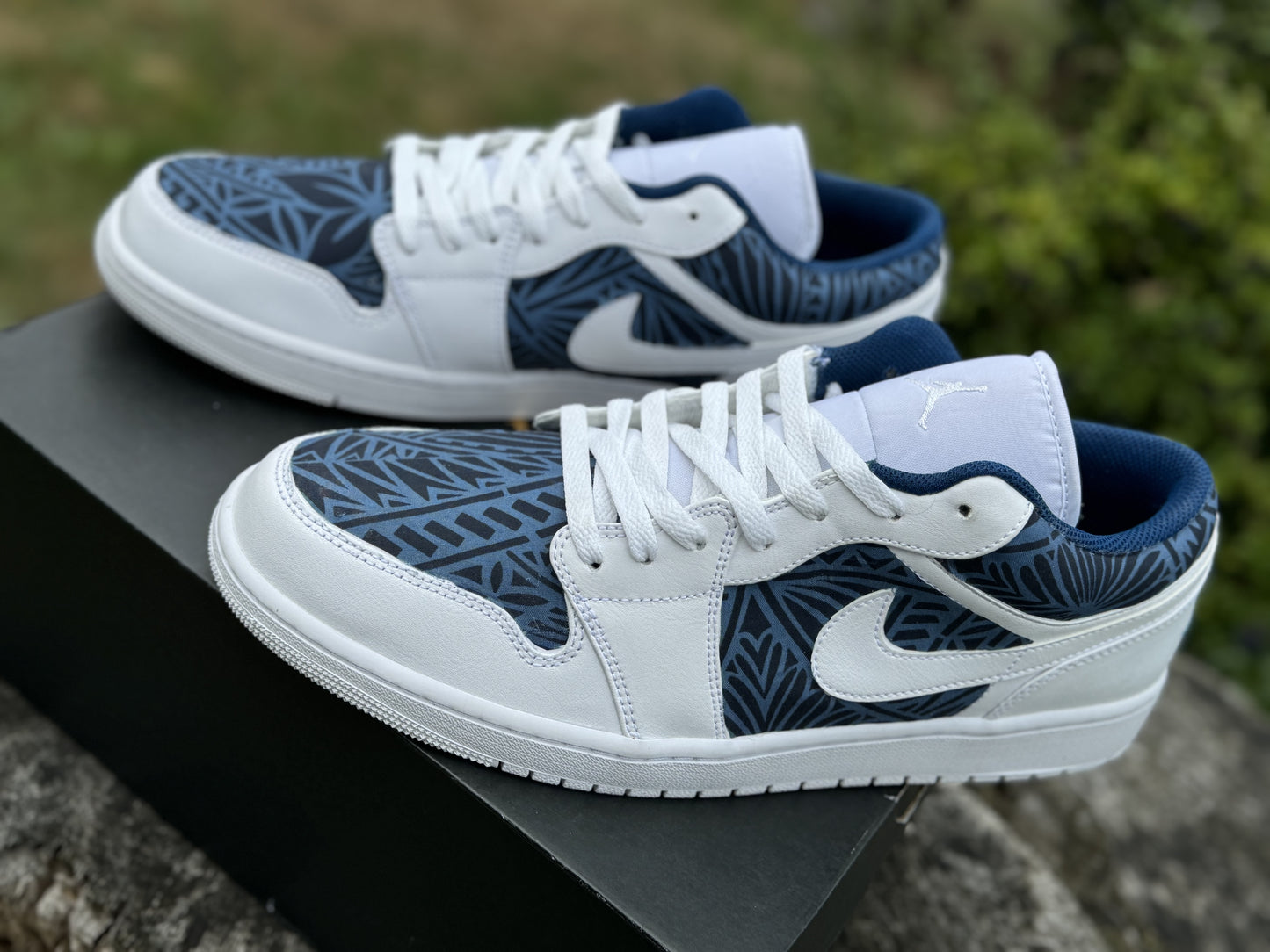 Custom Jordan 1 Low Navy & Dusty Blue Tribal Designs RTS