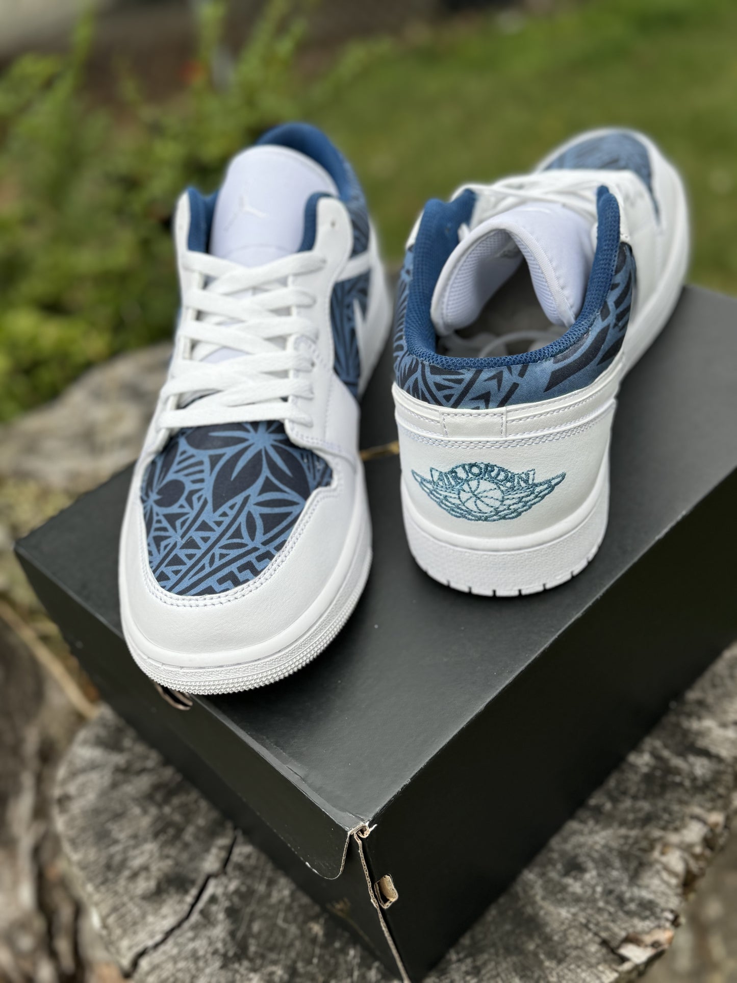 Custom Jordan 1 Low Navy & Dusty Blue Tribal Designs RTS