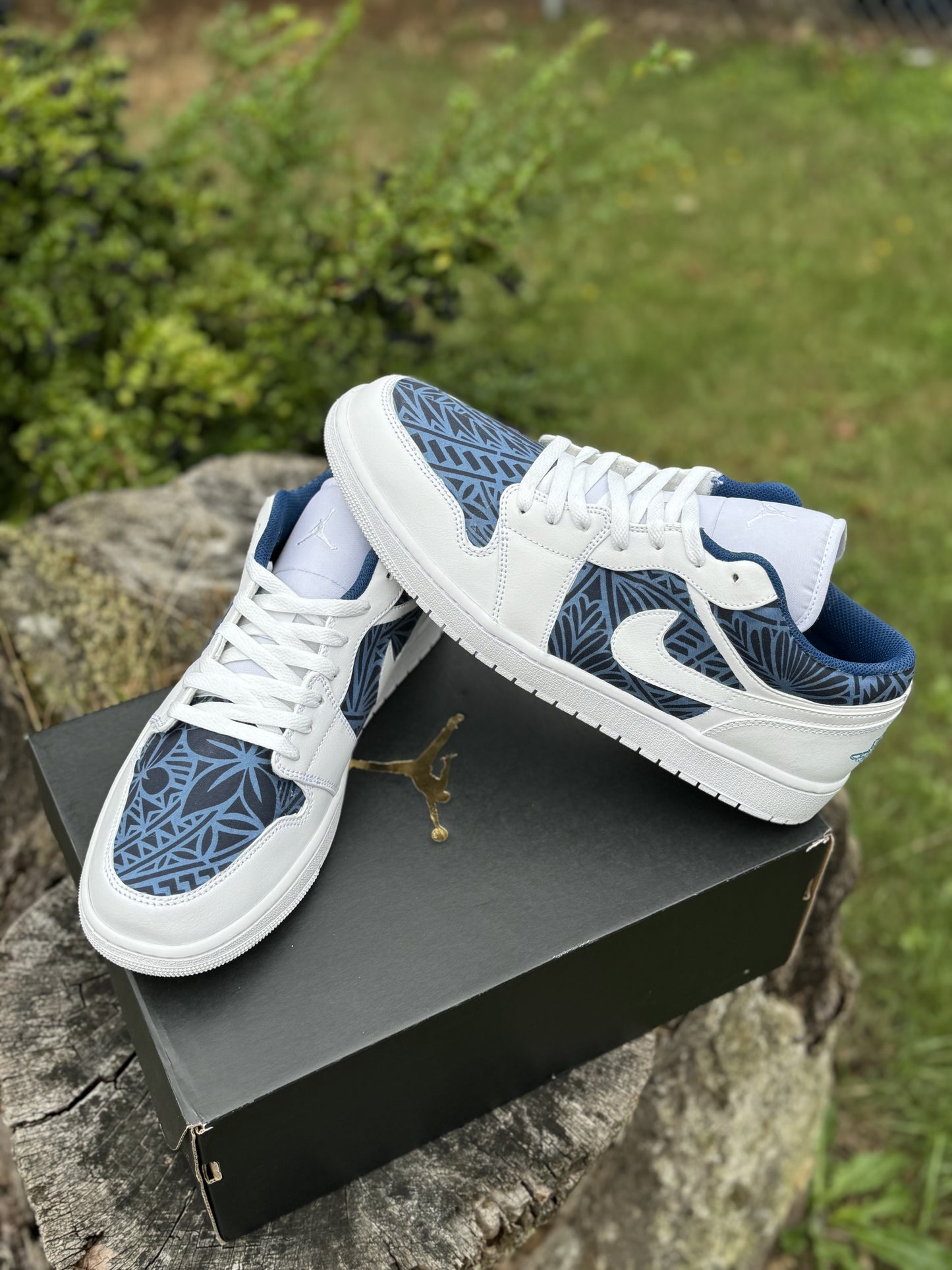 Custom Jordan 1 Low Navy & Dusty Blue Tribal Designs RTS