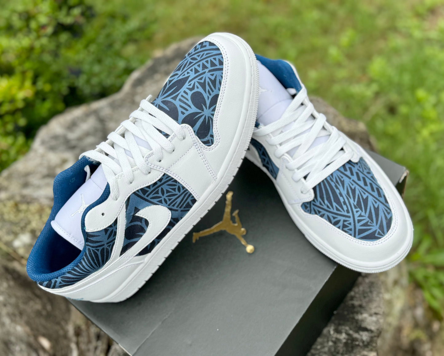 Custom Jordan 1 Low Navy & Dusty Blue Tribal Designs RTS