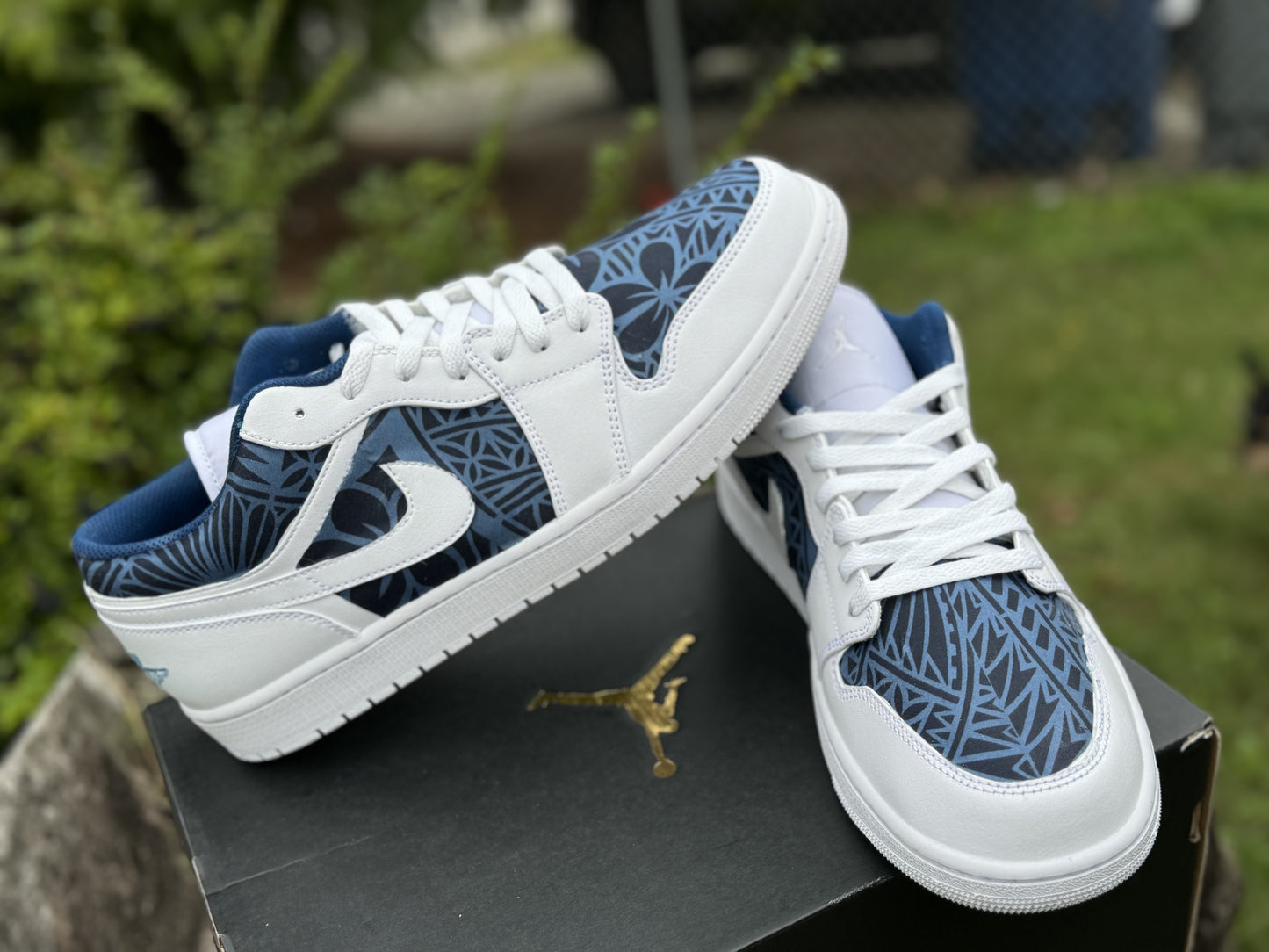 Custom Jordan 1 Low Navy & Dusty Blue Tribal Designs RTS