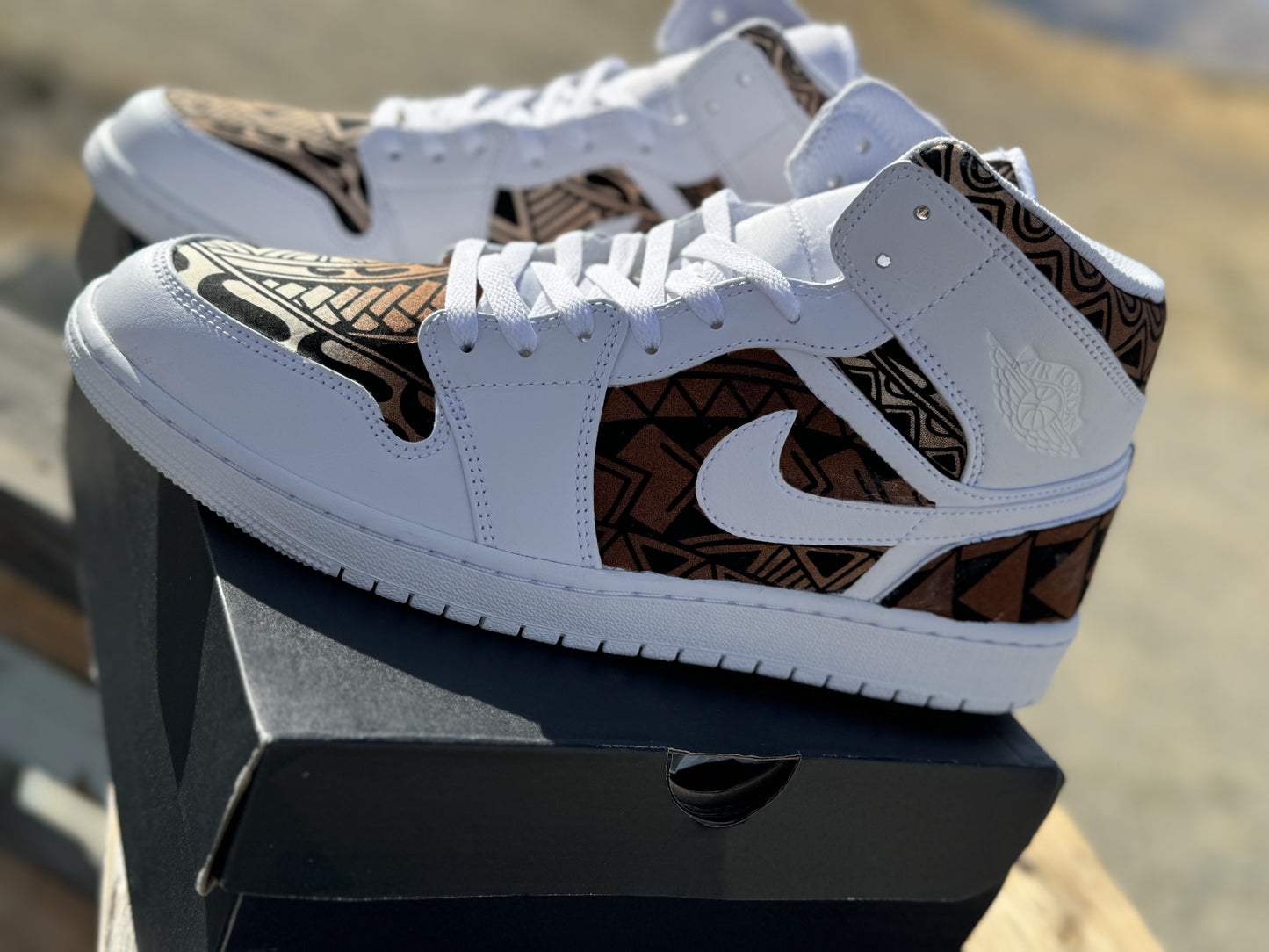 Custom Jordan 1 Mid Brown Tribal Designs RTS