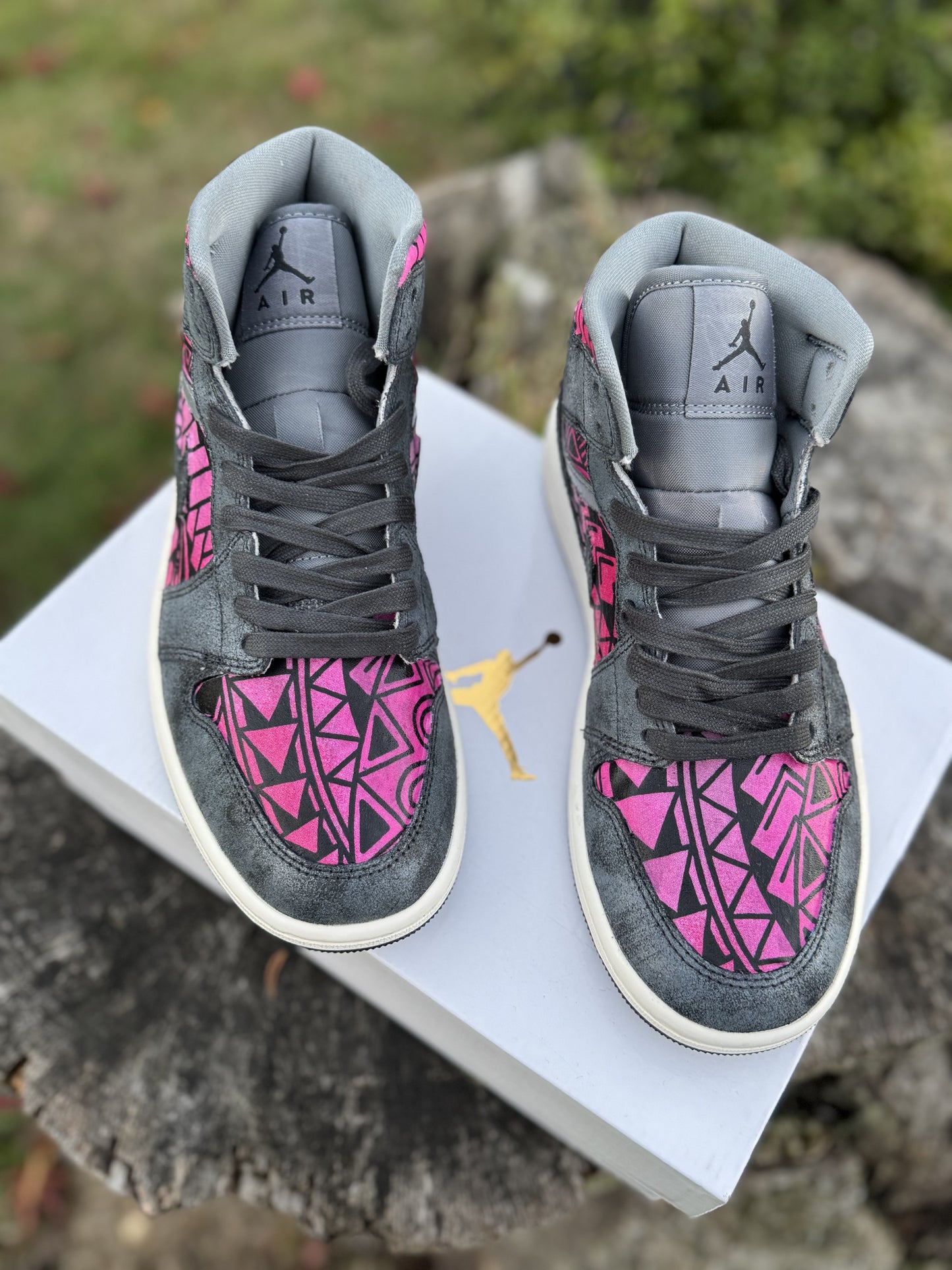 Custom Jordan 1 Mid Pink & Grey Tribal Designs RTS