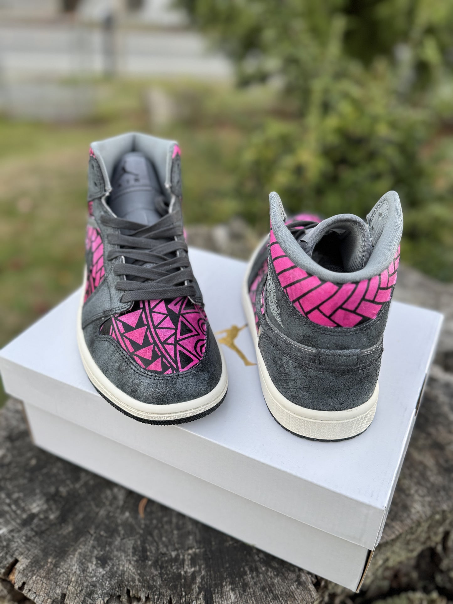 Custom Jordan 1 Mid Pink & Grey Tribal Designs RTS