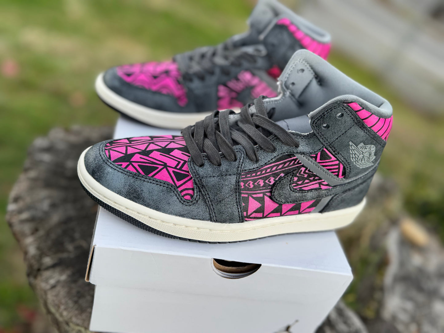 Custom Jordan 1 Mid Pink & Grey Tribal Designs RTS
