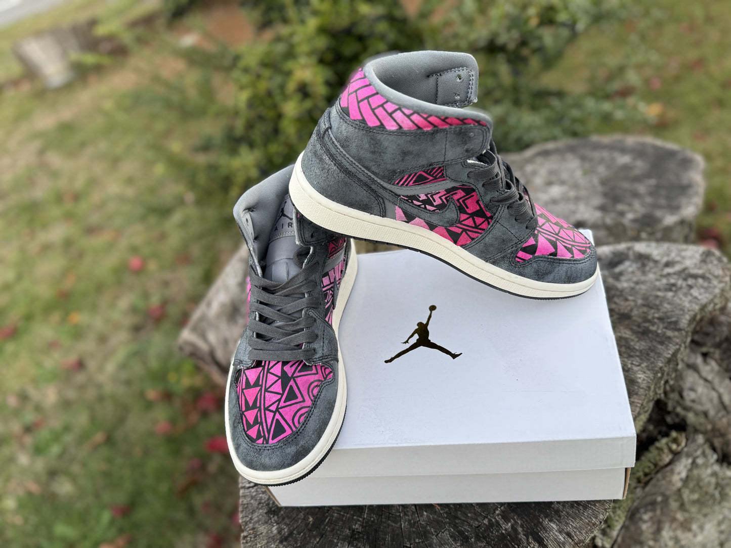 Custom Jordan 1 Mid Pink & Grey Tribal Designs RTS