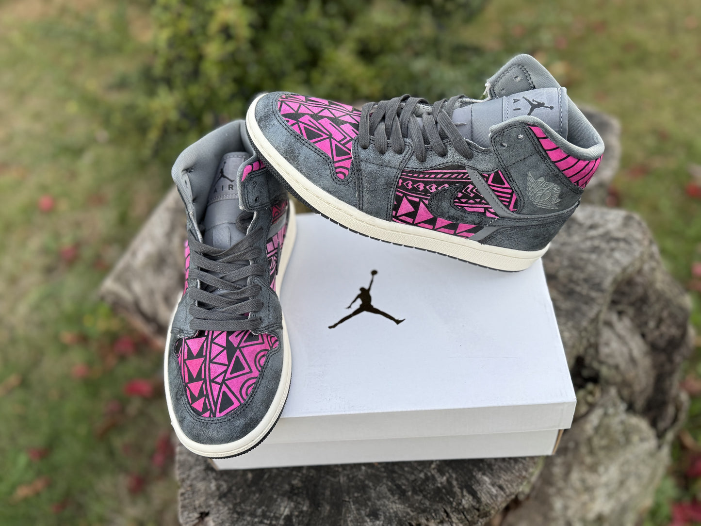 Custom Jordan 1 Mid Pink & Grey Tribal Designs RTS
