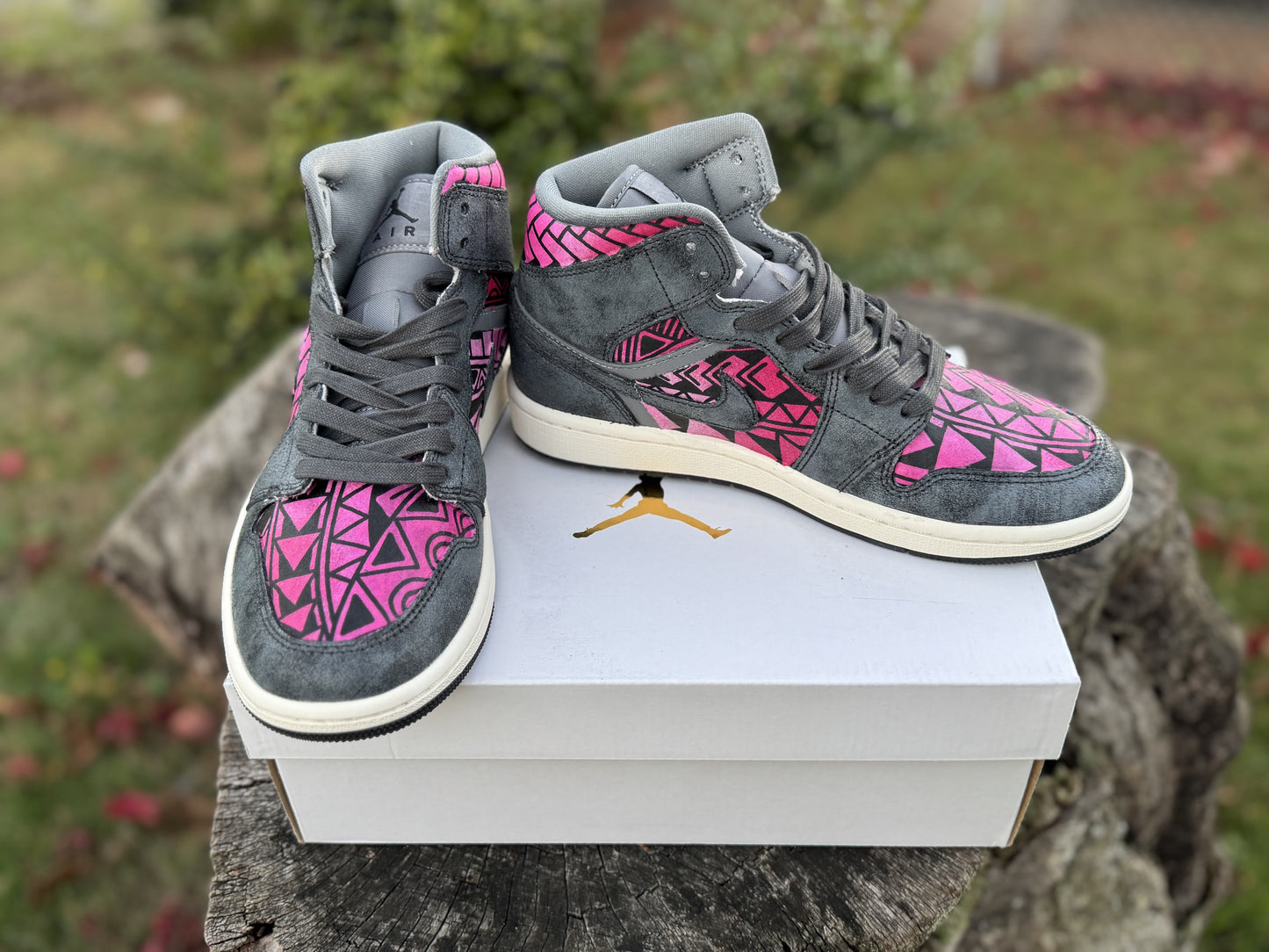Custom Jordan 1 Mid Pink & Grey Tribal Designs RTS
