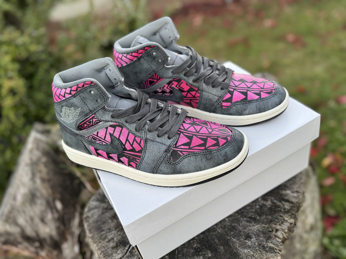 Custom Jordan 1 Mid Pink & Grey Tribal Designs RTS