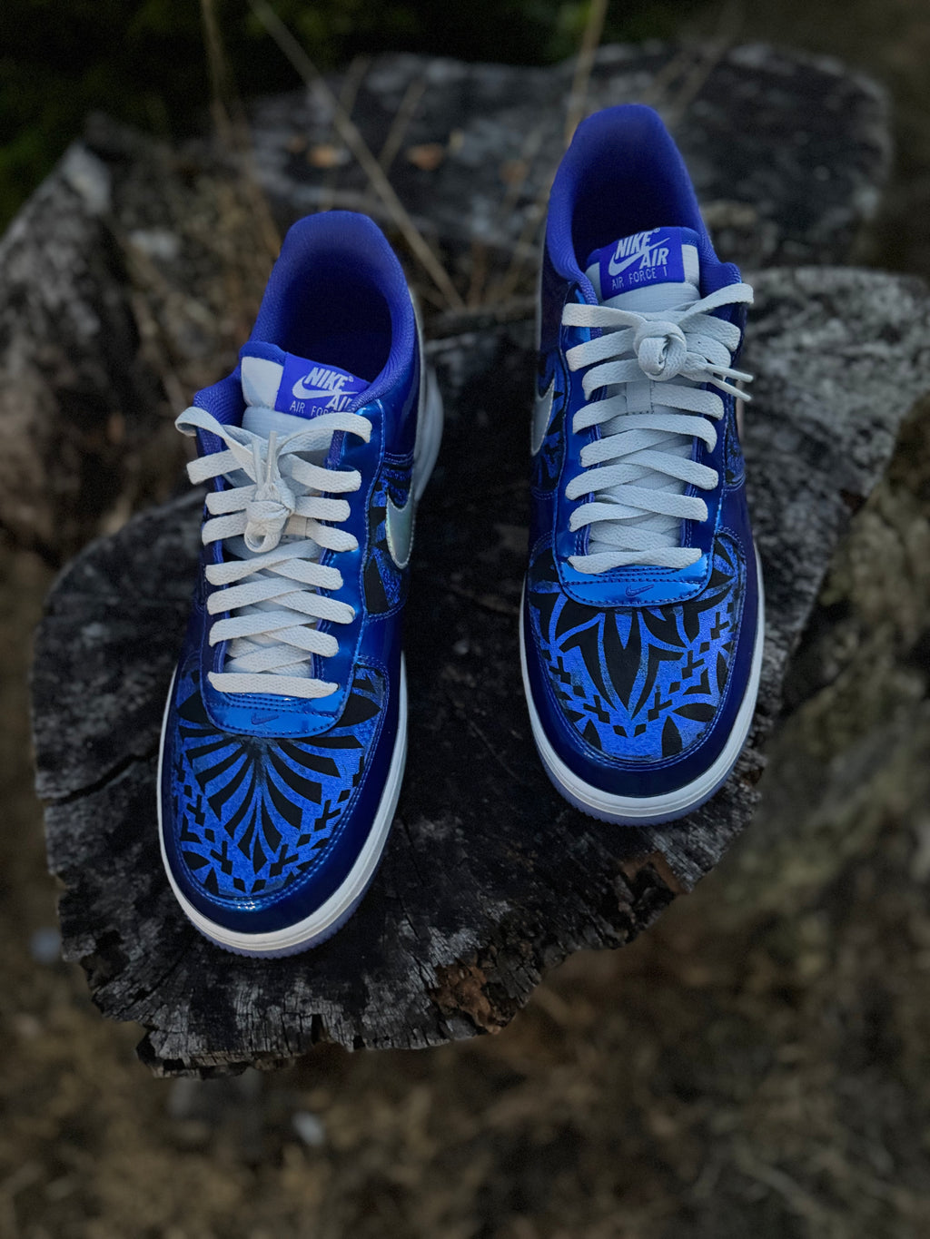 AF1 Shiny Black/Blue Tribal #25 Size 11.5M