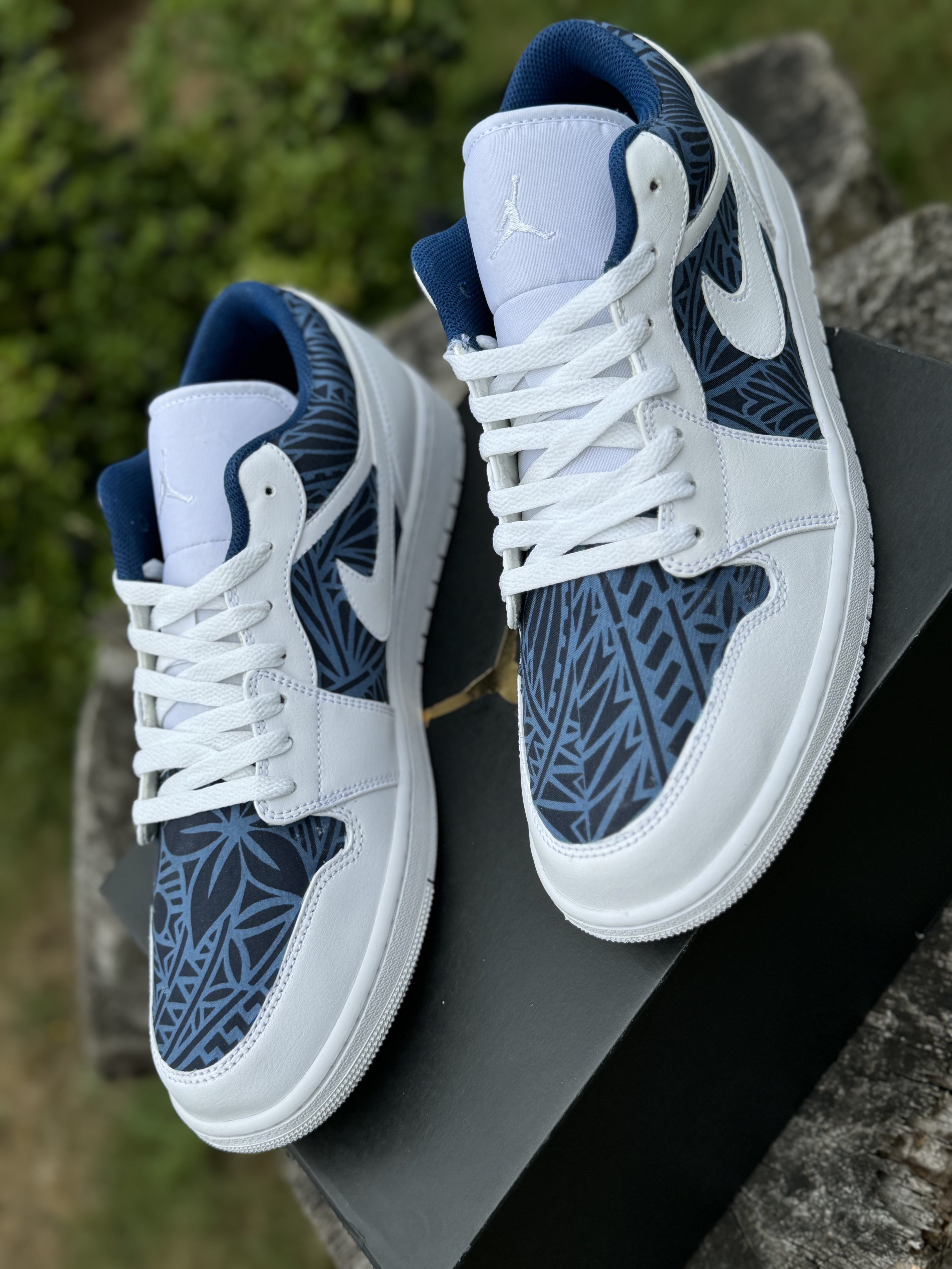 Custom Jordan 1 Low Navy & Dusty Blue Tribal Designs RTS Secondary image