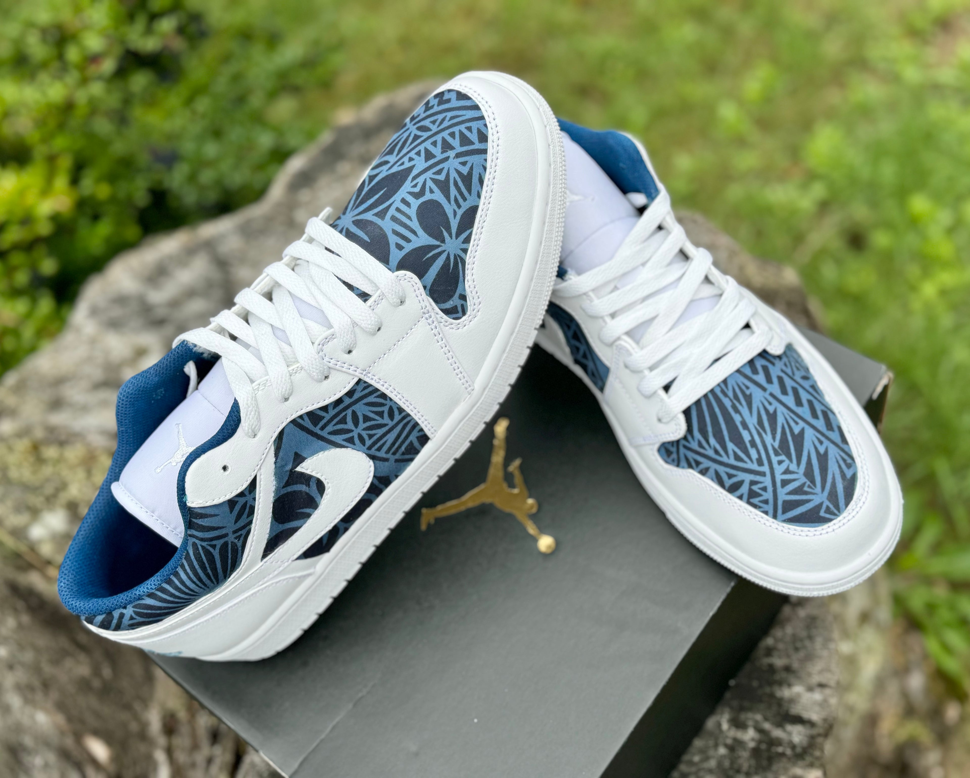 Custom Jordan 1 Low Navy & Dusty Blue Tribal Designs RTS