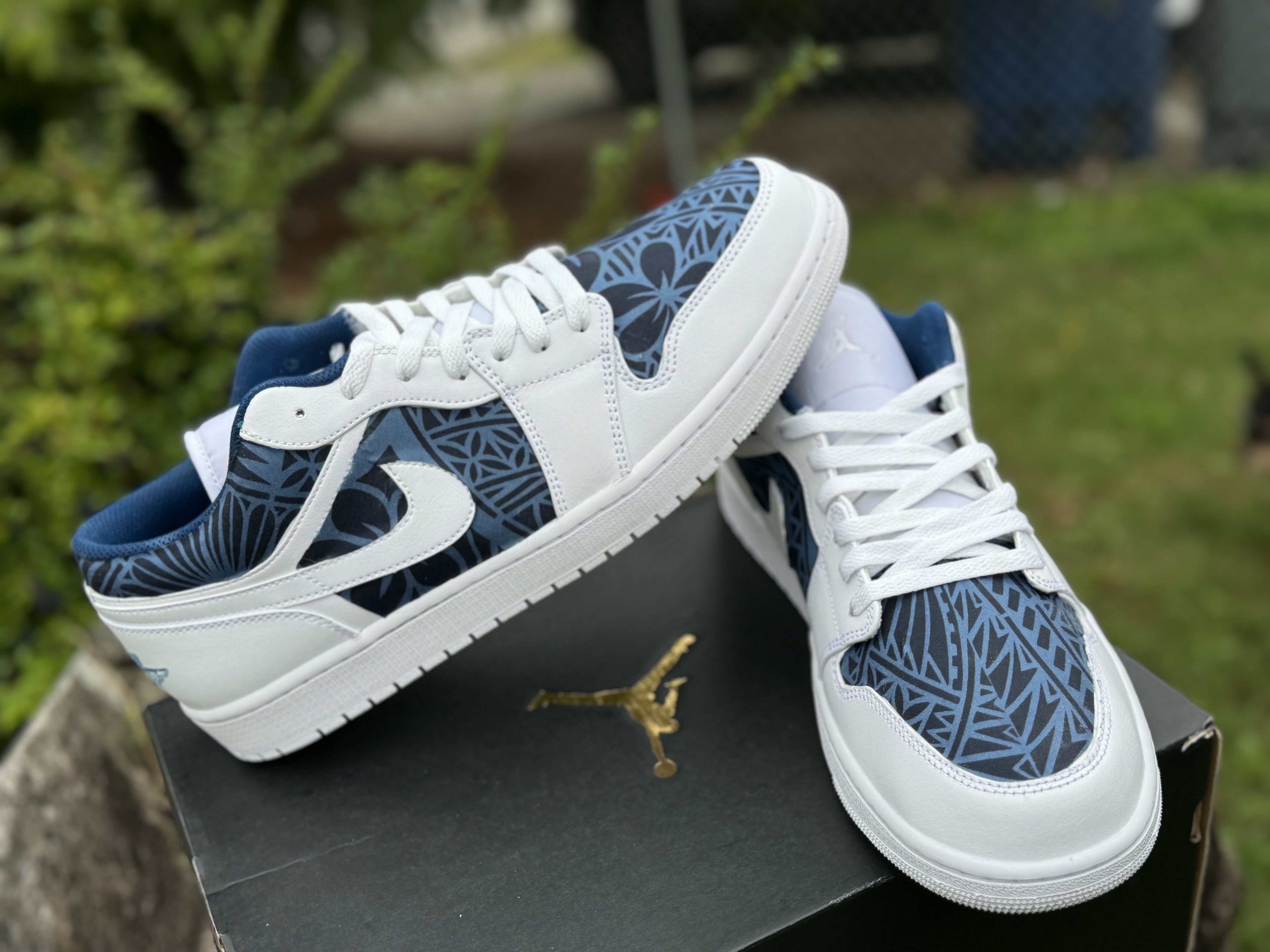 Custom Jordan 1 Low Navy & Dusty Blue Tribal Designs RTS