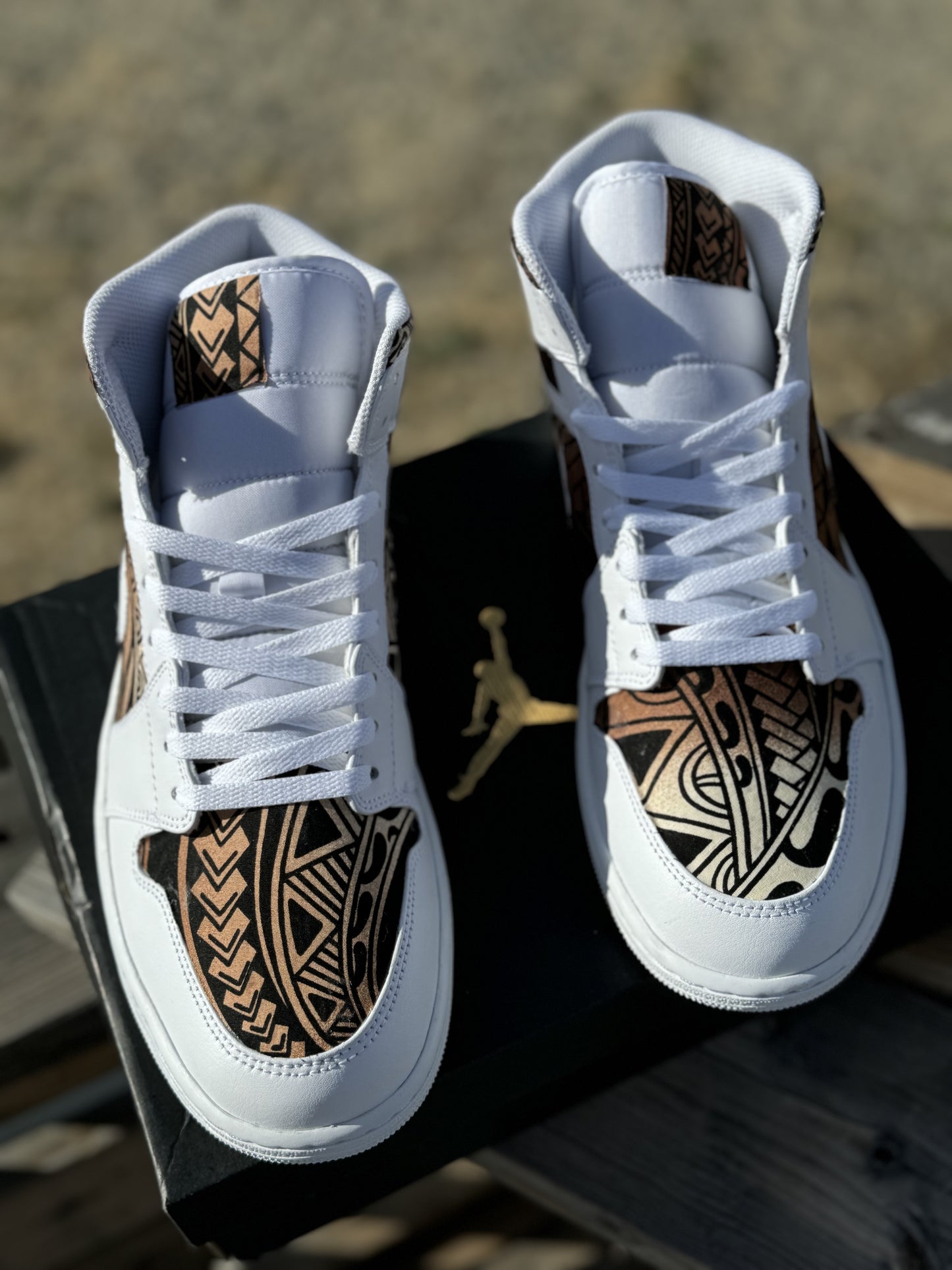 Custom Jordan 1 Mid Brown Tribal Designs RTS