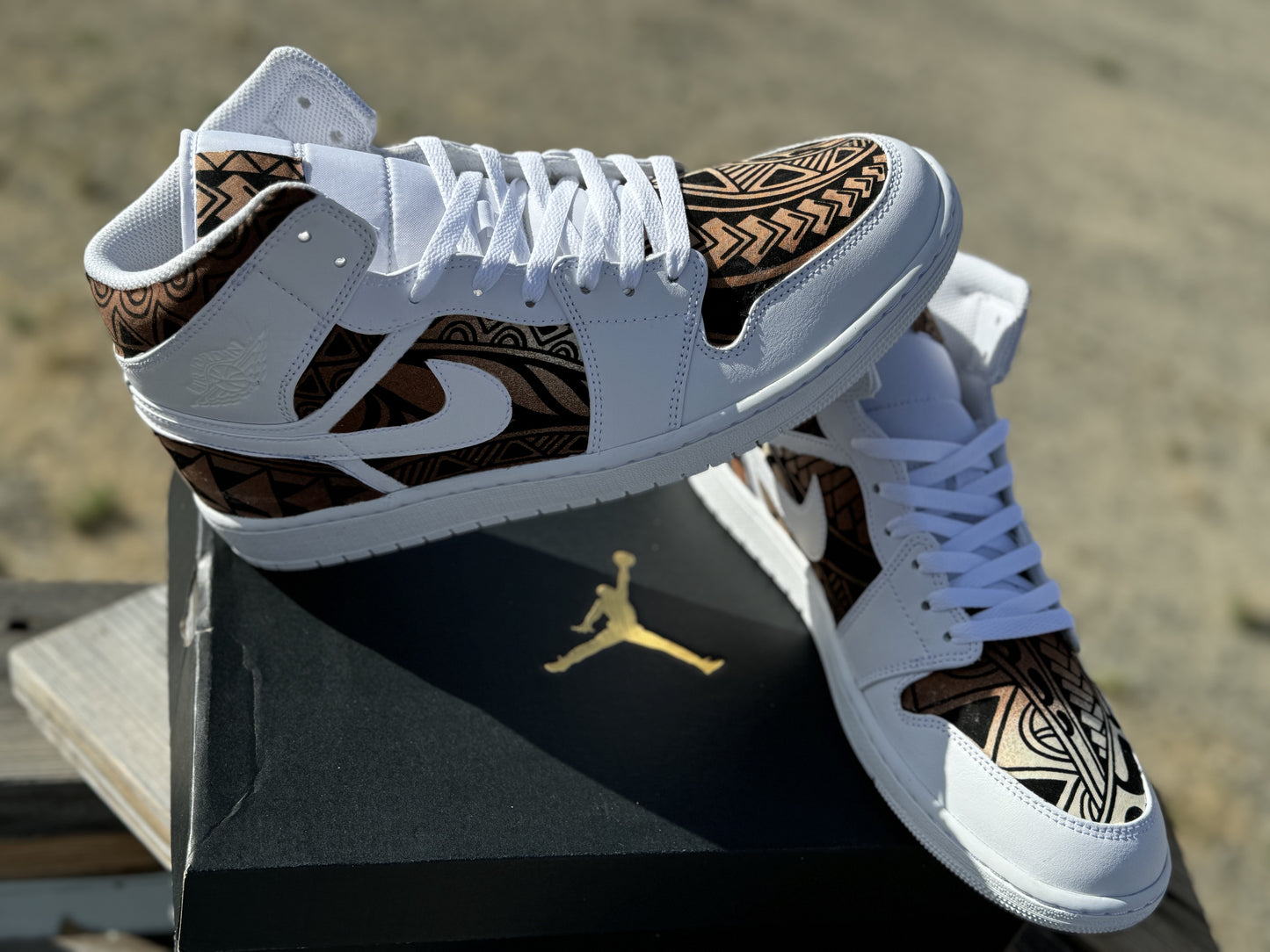 Custom Jordan 1 Mid Brown Tribal Designs RTS