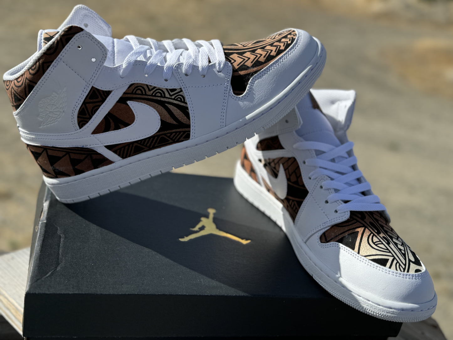 Custom Jordan 1 Mid Brown Tribal Designs RTS