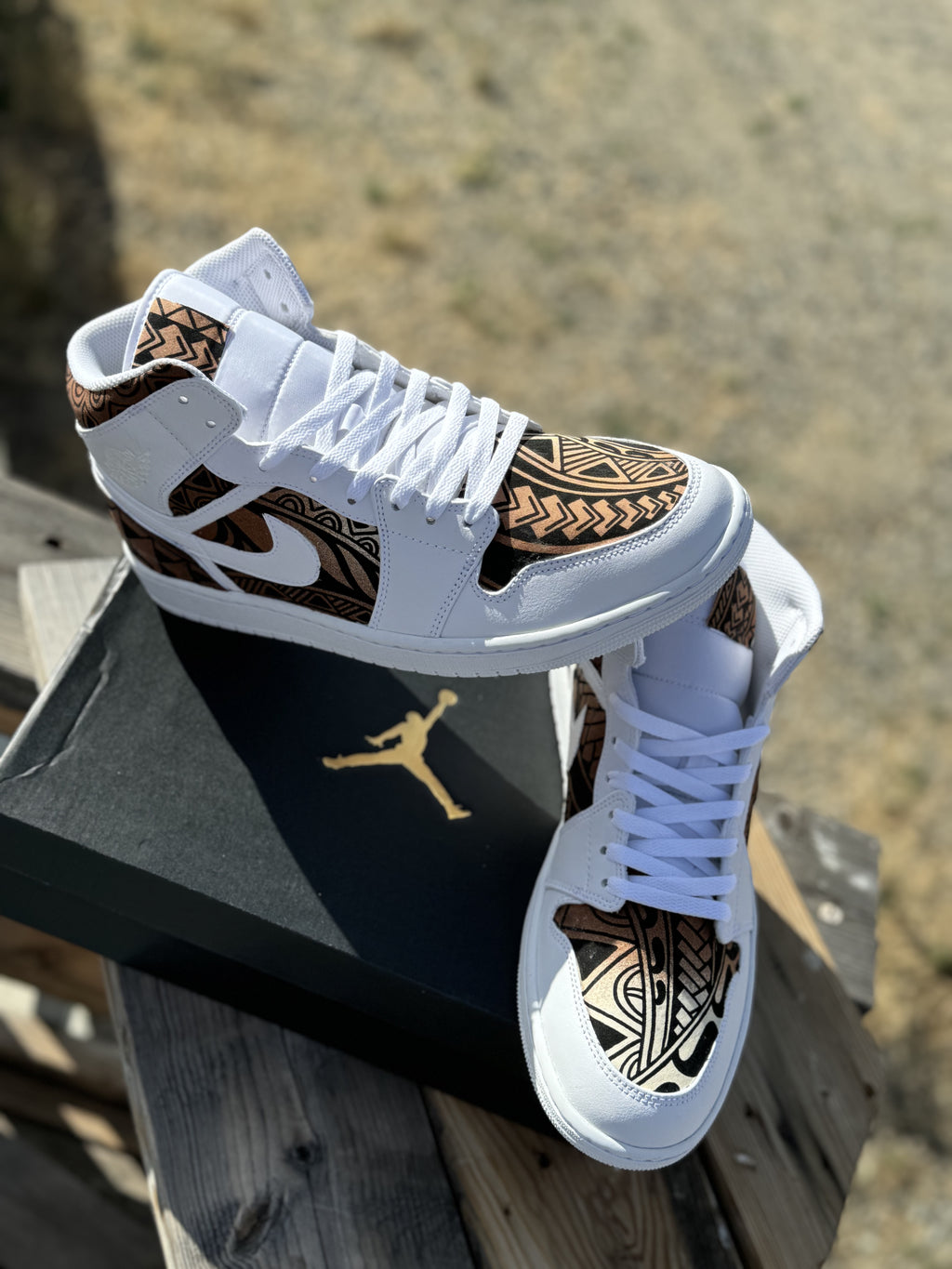 Custom Jordan 1 Mid Brown Tribal Designs RTS