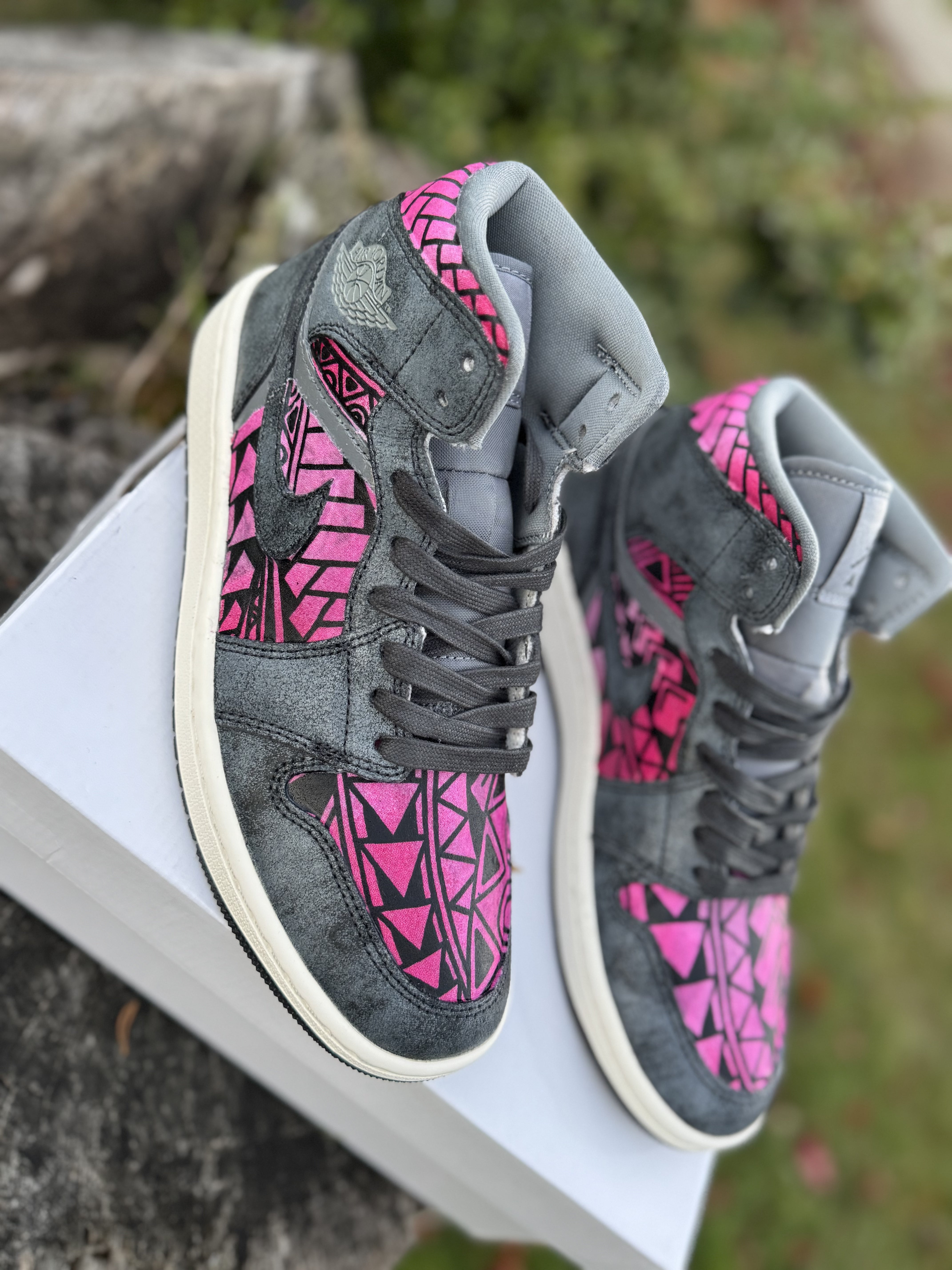Custom Jordan 1 Mid Pink & Grey Tribal Designs RTS Secondary image