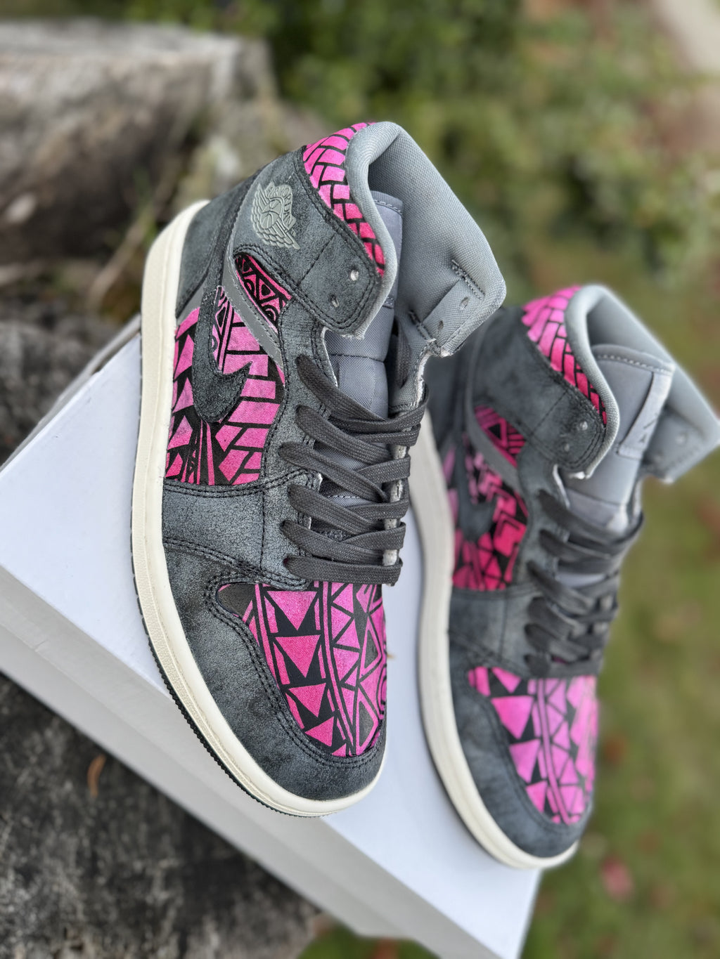 Custom Jordan 1 Mid Pink & Grey Tribal Designs RTS