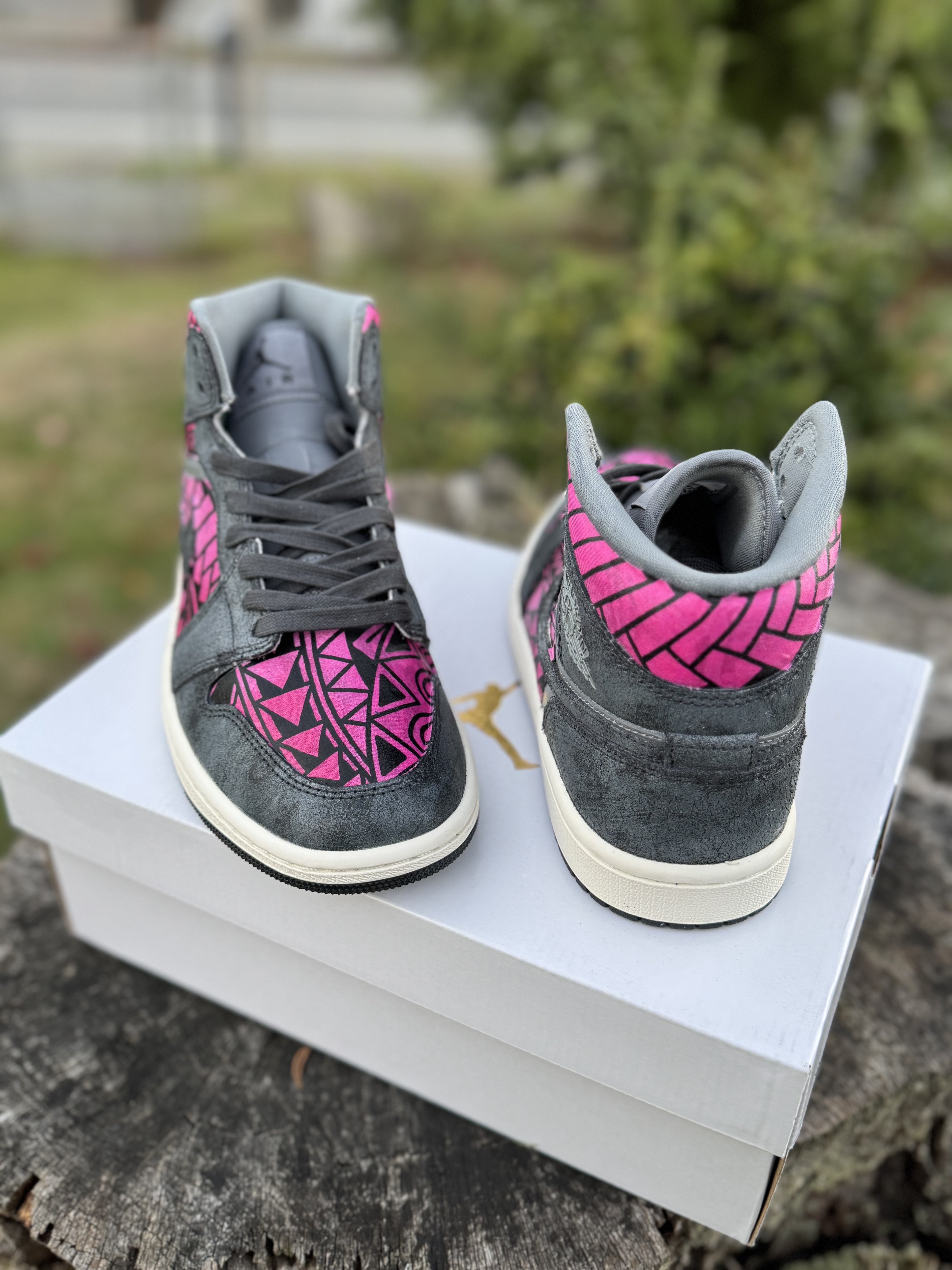 Custom Jordan 1 Mid Pink & Grey Tribal Designs RTS